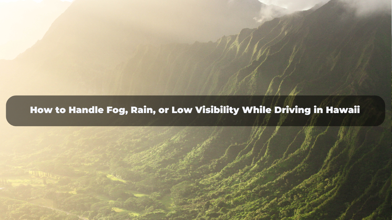 Driving in fog and rain on a Hawaii mountain road.