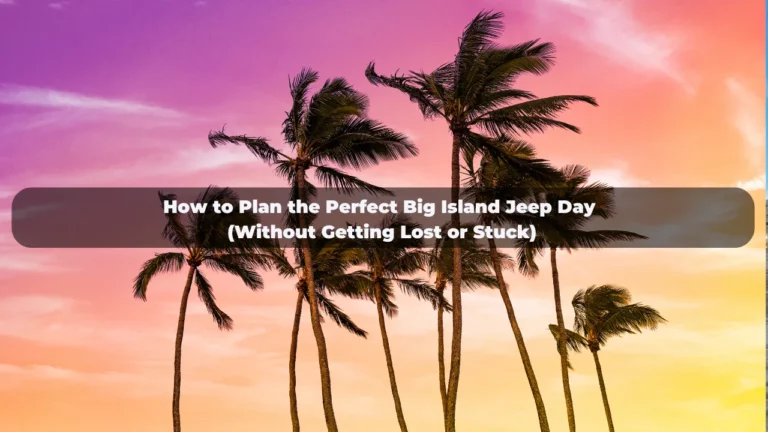 Jeep driving on a scenic Big Island road in Hawaii.